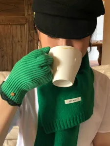 Nahaufnahme der grünen Rippstrick-Handschuhe und des Wollschals mit feinem Knopf.