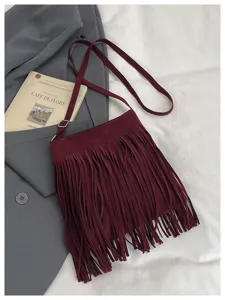 Burgundy suede fringe crossbody bag women autumn chic tassel shoulder bag stylish handbag