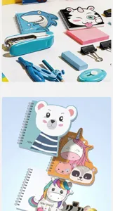 Lindos cuadernos de espiral con formas de dibujos animados y animales para estudiantes escribiendo