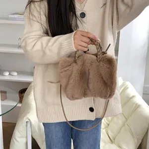 Cozy winter plush handbag for women, brown fuzzy teddy crossbody bag with braided handle.