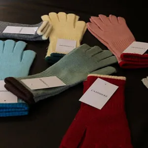 Korean style color-block wool knit long touch-screen gloves for women autumn and winter fashion.