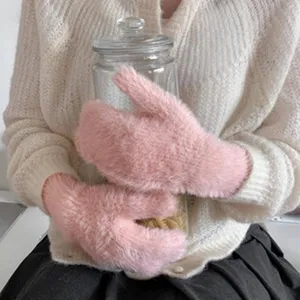 Winter soft plush warm mittens for women, cozy cute fluffy gloves for daily casual wear.