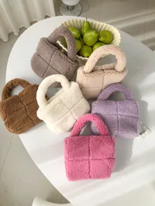 Stylish winter teddy fleece quilted handbag, soft plush top handle tote bag for women.