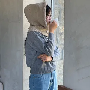 Knitted hooded balaclava winter warm fleece-lined scarf hat integrated cozy daily wear