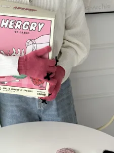 Süße rosa Strickhandschuhe mit schwarzen Schleifen, Touchscreen-Winterwarme Damenhandschuhe.