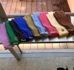 Colorful knitted touch screen gloves for women with cute bear embroidery, winter warm wool gloves.