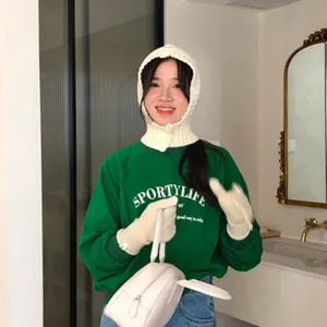 Korean style solid color knitted hooded scarf winter warm wool hat for women apparel