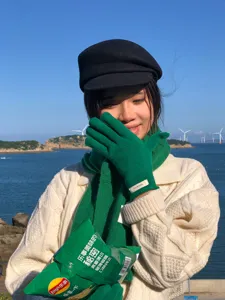 Women winter warm 100% wool knit gloves scarf hat set stylish solid color cold weather gear