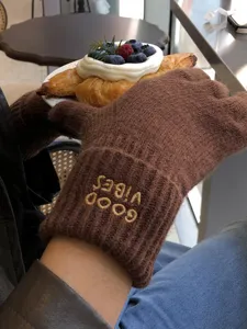 Winter warm knitted gloves with cute embroidered design, soft wool material for cold weather daily wear