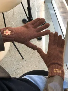 Korean winter cute bear embroidered brown knitted touchscreen gloves for women warm woolen.
