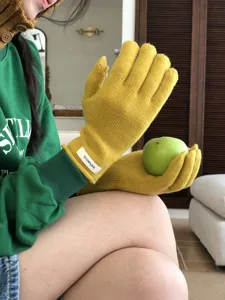 Winter warm 100% wool knit touch screen gloves for women, solid yellow cozy daily wear style.
