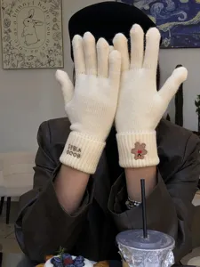 Korean winter cute bear knit gloves for women, warm thick five-finger woolen touchscreen mittens.