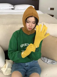 Women winter warm 100% wool knit gloves and hooded scarf set for cold weather.