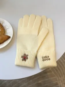 Winter cute bear embroidered knit gloves for women, warm touchscreen five-finger wool gloves.