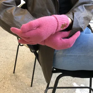 Women winter warm knit touchscreen gloves featuring cute little bear embroidery for daily style.