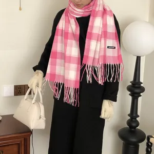 Rosa weiss kariert Schal Winter kuschelig gestrickt Quasten Schal Damen warme Halswaerme
