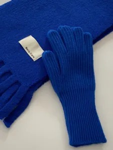 Nahaufnahme Detailansicht des winterwarmen, königsblauen Strickschals und passender Handschuhe.