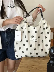 Blumen Tragetasche fur Damen Fruhling Sommer Picknick Freizeit Leinwand Handtasche mit Kordel.