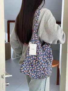 Damen Blumen Nylon Totebag Große Kapazität Japanischer Vintage Cord-Textur Schulter Umhängetasche Lässige Einkaufstasche