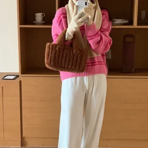 Sac cabas marron pelucheux hiver chaud sac a main tricot decontracté tenue accessoire