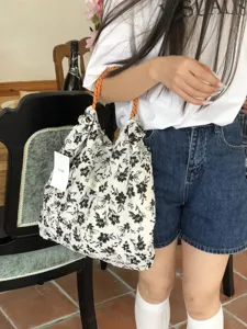 Floral Tragetasche Damen Freizeit Picknick Handtasche Kordelzug Chic Student Retro Tasche