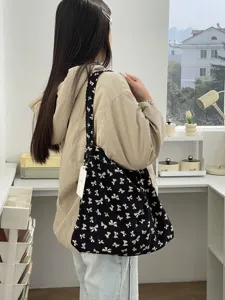 Black bow print canvas tote bag casual shoulder bag stylish student shopping bag daily use