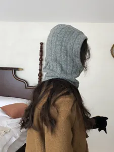 Solid color knitted hooded scarf, warm windproof winter wool hat for women, detail view.