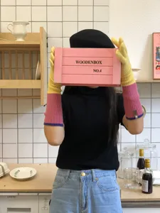Women's color-block knitted long gloves, double-layer warm touchscreen arm warmers for winter.