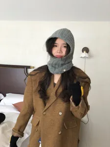 Korean blogger style solid color knitted hooded scarf warm windproof winter wool hat for women