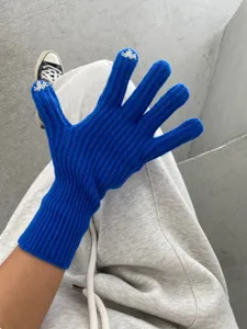 Blau winterlich gestrickte Touchscreen-Fünffinger-Handschuhe für warme Hände im Alltag.