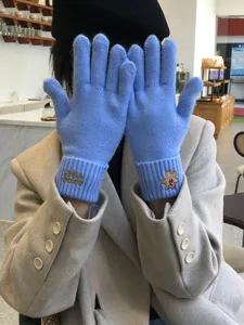Winter cute knitted touchscreen gloves for women with embroidery bear and cozy warm fit.