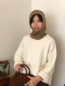 Women winter warm knitted hooded scarf balaclava solid color cozy thermal hat detail view
