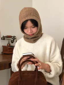 Solid color knitted hooded scarf winter warm wool hat for women daily detail view