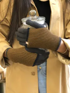 Knit color contrast touch screen gloves detail, double layer warm winter gloves for women.