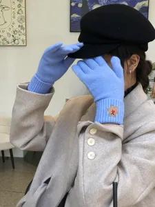 Winter blue knit gloves with cute bear embroidery, soft warm five finger thermal gloves for women.