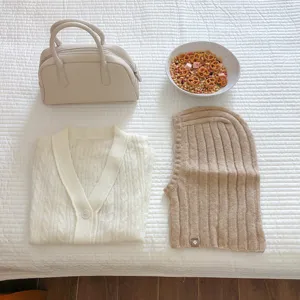Cozy Korean style knit balaclava hood and cardigan winter warm fashion set for women.