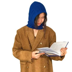 Cozy blue knit hooded scarf for women, stylish winter warm balaclava and beanie hat.