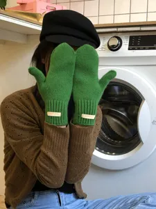 Mitones de lana verde para mujer invierno cálido color sólido grueso guantes de punto antiviento