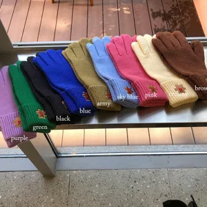 Cute winter touch screen knitted five-finger gloves with lovely bear embroidery for women.