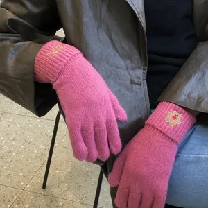 Women winter cute pink knit gloves touch screen warm woolen five finger gloves with bear