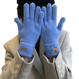 Blue knitted touch screen gloves for women with cute bear and text embroidery winter warm