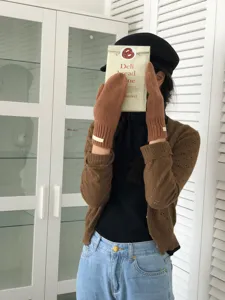 Mitones de lana marrón de color sólido guantes cálidos de invierno de punto suaves para mujer