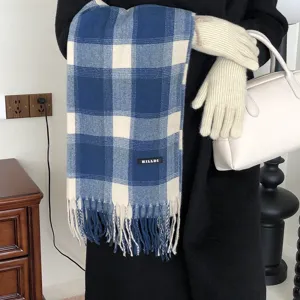 Blau weiß karierter Winterschal gemütlicher Quasten warmer Karo Schal modisches Halstuch