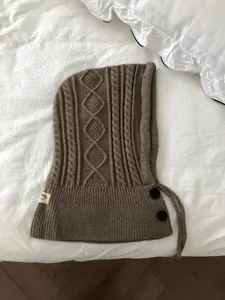 Cozy knit hooded scarf for women winter warm balaclava with buttons drawstring chic design