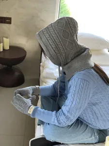 Grey knitted hooded scarf and gloves set winter warm cable knit cap for women casual daily wear