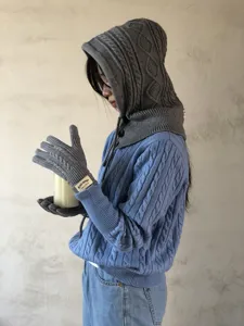 Cozy knit hooded scarf and gloves set for women, autumn winter warm cable knit cap apparel.