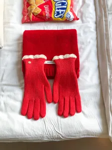 Nahaufnahme der roten Wollstrickhandschuhe mit süßen weißen Bündchen und einem Schal.