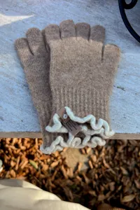 Autumn winter knit touchscreen gloves for women warm wool blend gloves with cute ruffles.
