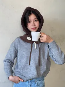 Knit Hooded Scarf One-Piece Winter Balaclava Casual Grey Sweater Detail Shot View