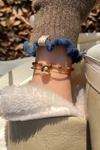 Detail shot of winter touch screen knit gloves for women, warm wool Korean style fashion accessory.